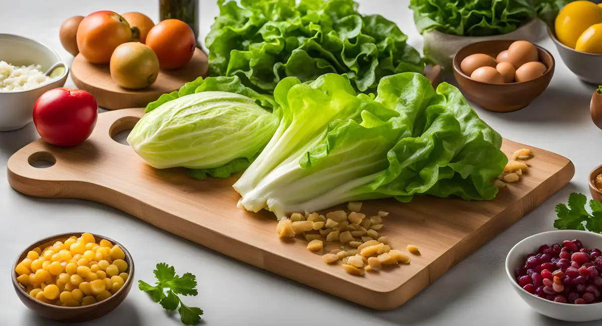 Lettuce on a cutting board with various other vegetables and foods around.