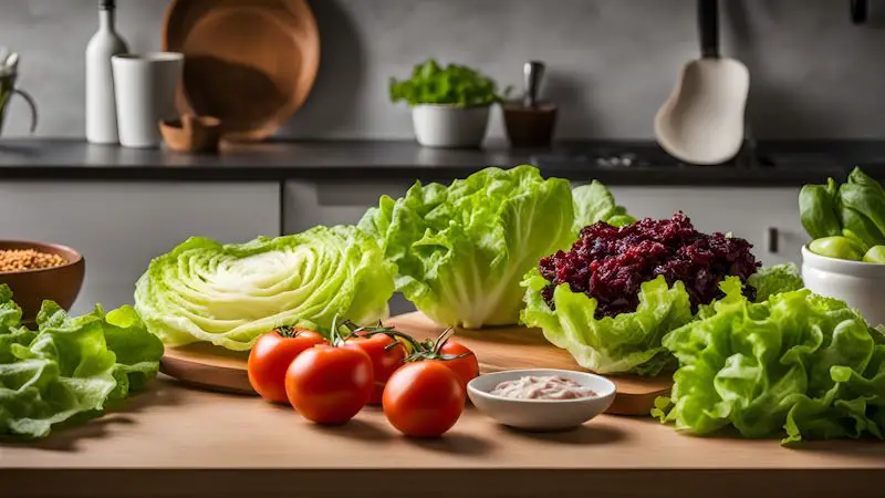 Lettuce in the kitchen with a variety of greens as well as tomatoes.