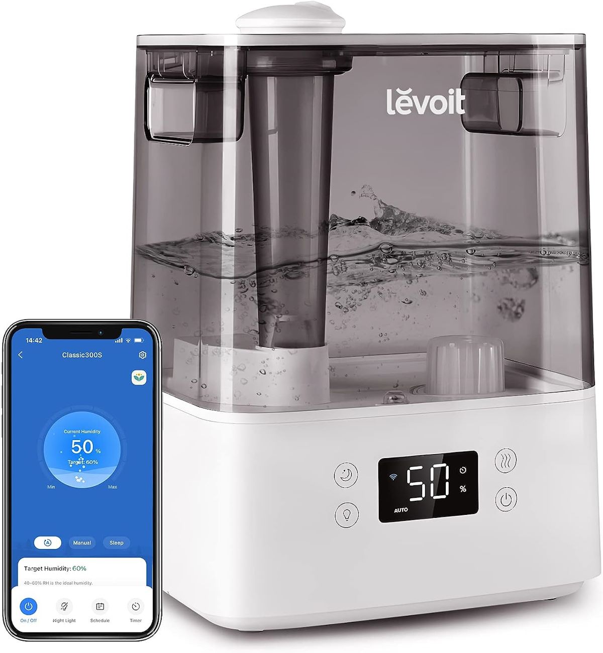 Levoit brand smart humidifier in white, controlled by an app on your phone.