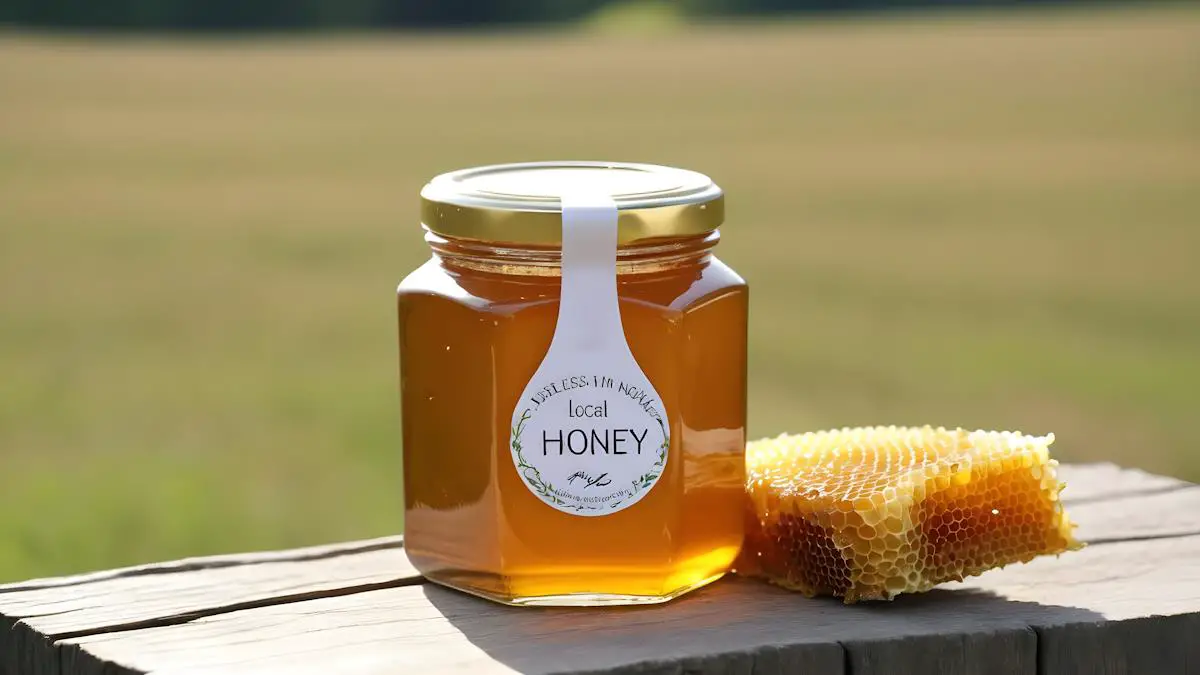 A jar of local honey with a honey comb chunk next to the jar.