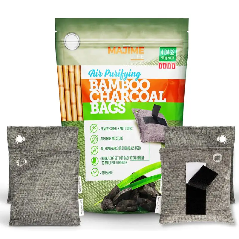 Majime lofe brand bamboo charcoal bags. Contains 4 bags that remove smells, absorbs moisture, no fragrance, resuable.