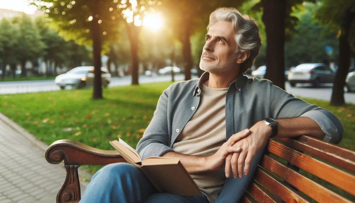Older gentleman sitting on a park bench, looking up and thinking, or pondering a question.