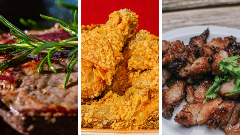 A three photo collection of a beef steak, fried chicken, and grilled pork.