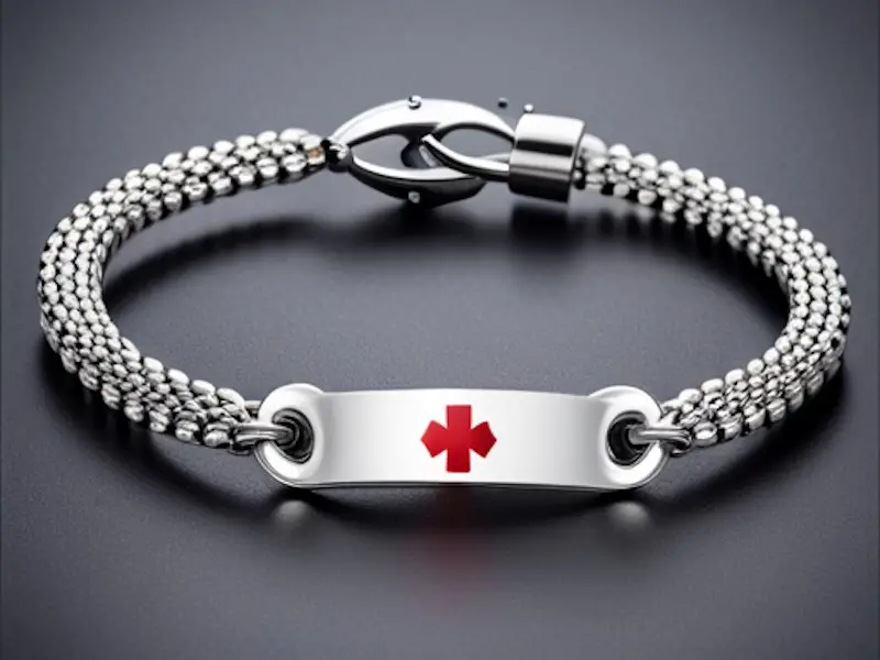 Silver medical alert bracelet, clasped closed.
