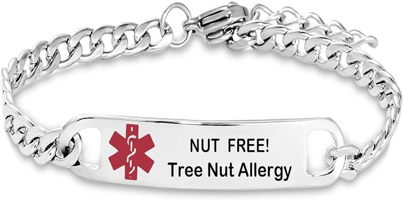 Silver medical alert bracelet that reads: Nut Free! Tree Nut Allergy.