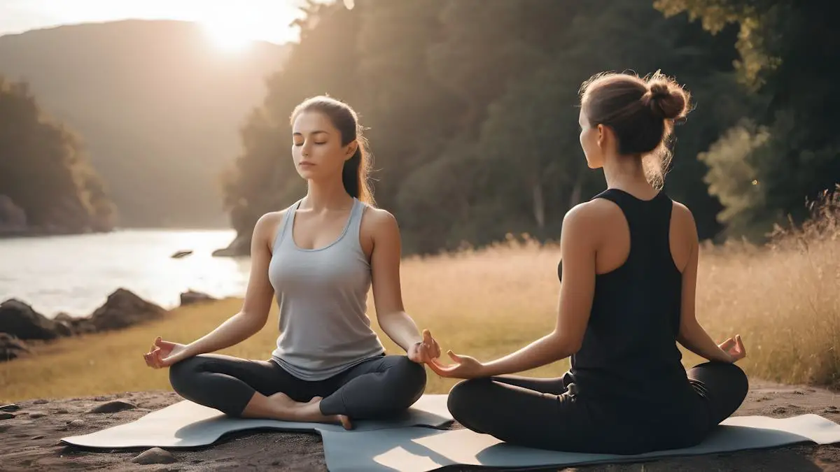 Two women meditating by a river, outside, during sunset.