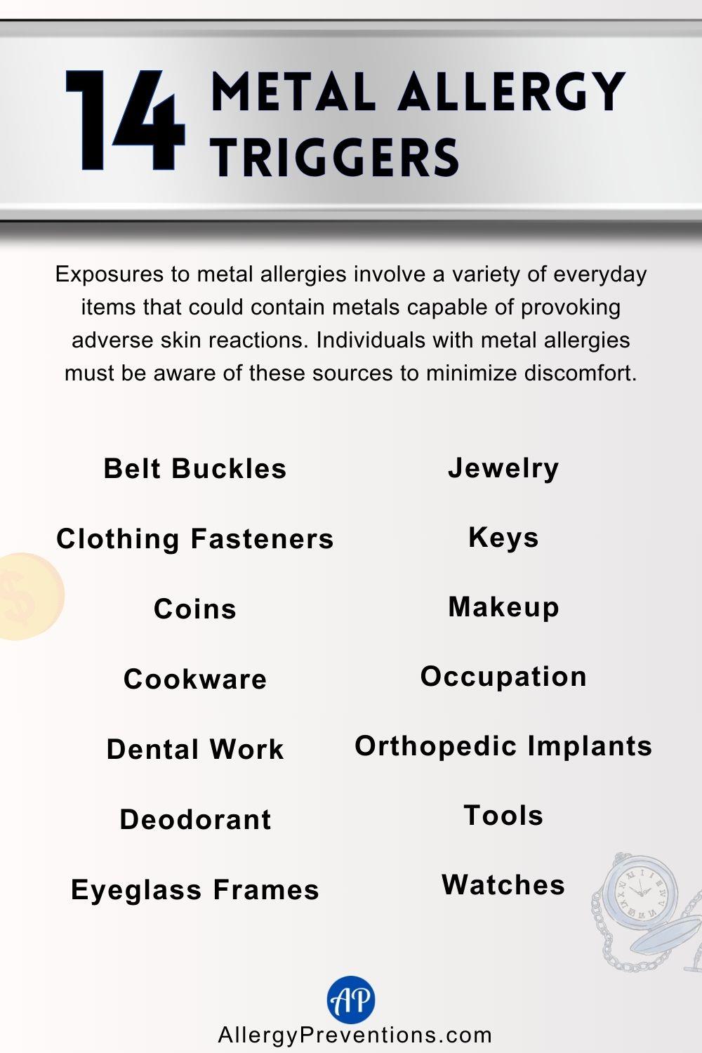 metal allergy triggers infographic. Exposures to metal allergies involve a variety of everyday items that could contain metals capable of provoking adverse skin reactions. Individuals with metal allergies must be aware of these sources to minimize discomfort. Metal allergy potential triggers list: Belt Buckles, Clothing Fasteners, Coins, Cookware, Dental Work, Deodorant, Eyeglass Frames, Jewelry, Keys, Makeup, Occupation, Orthopedic Implants, Tools, and Watches.