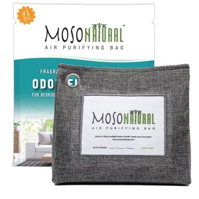 Moso natural air purifying bag preview. Gray bag with a label explaining instructions and a spot to put the date that it was opened. bamboo charcoal air purifying bag. 