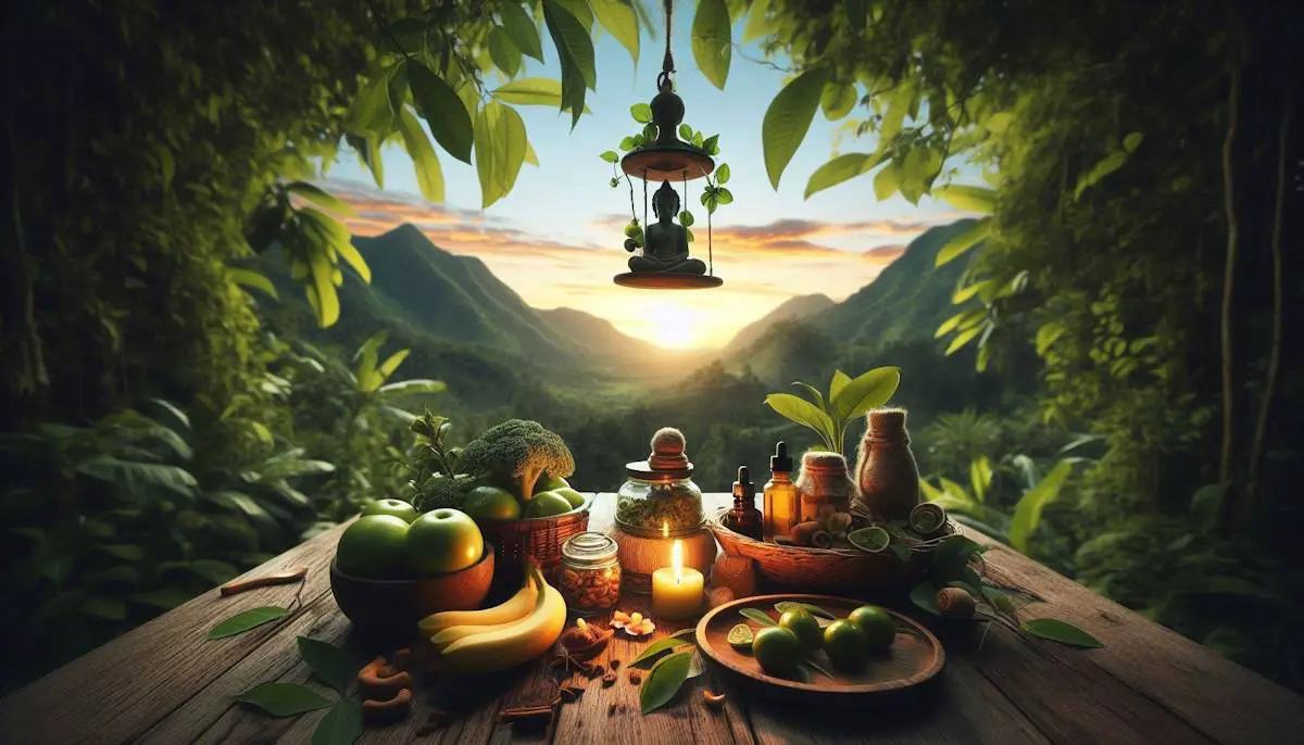 a serene scene in nature with healthy and natural foods and herbs on a table.