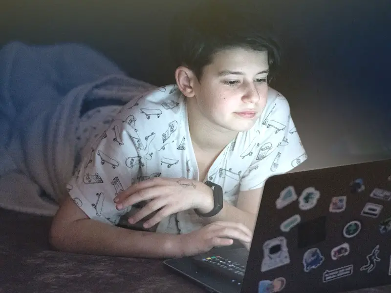 A person laying in bed on their stomach researching on their laptop.