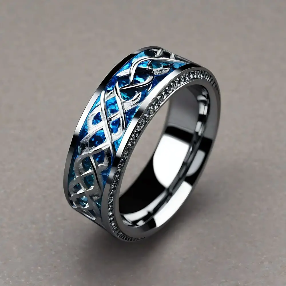 A hypoallergenic metal niobium ring with blue gems inside.