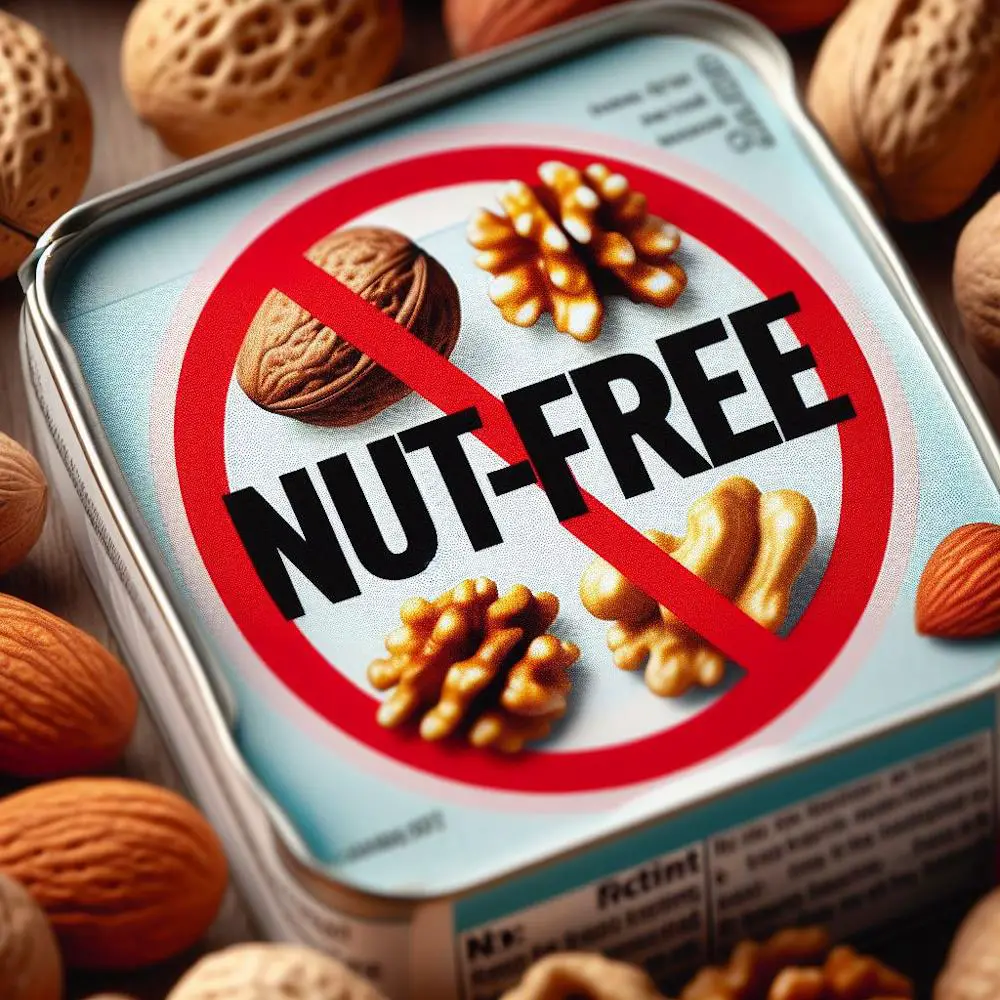 A tin with a lid that states "nut-free" on the top.