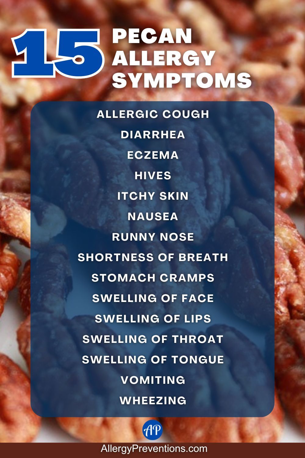 Pecan Allergy Symptoms Infographic: Allergic Cough, Diarrhea, Eczema, Hives, Itchy skin, Nausea, Runny nose, Shortness of breath, Stomach cramps, Swelling of face, Swelling of lips, Swelling of throat, Swelling of tongue, Vomiting, and Wheezing.