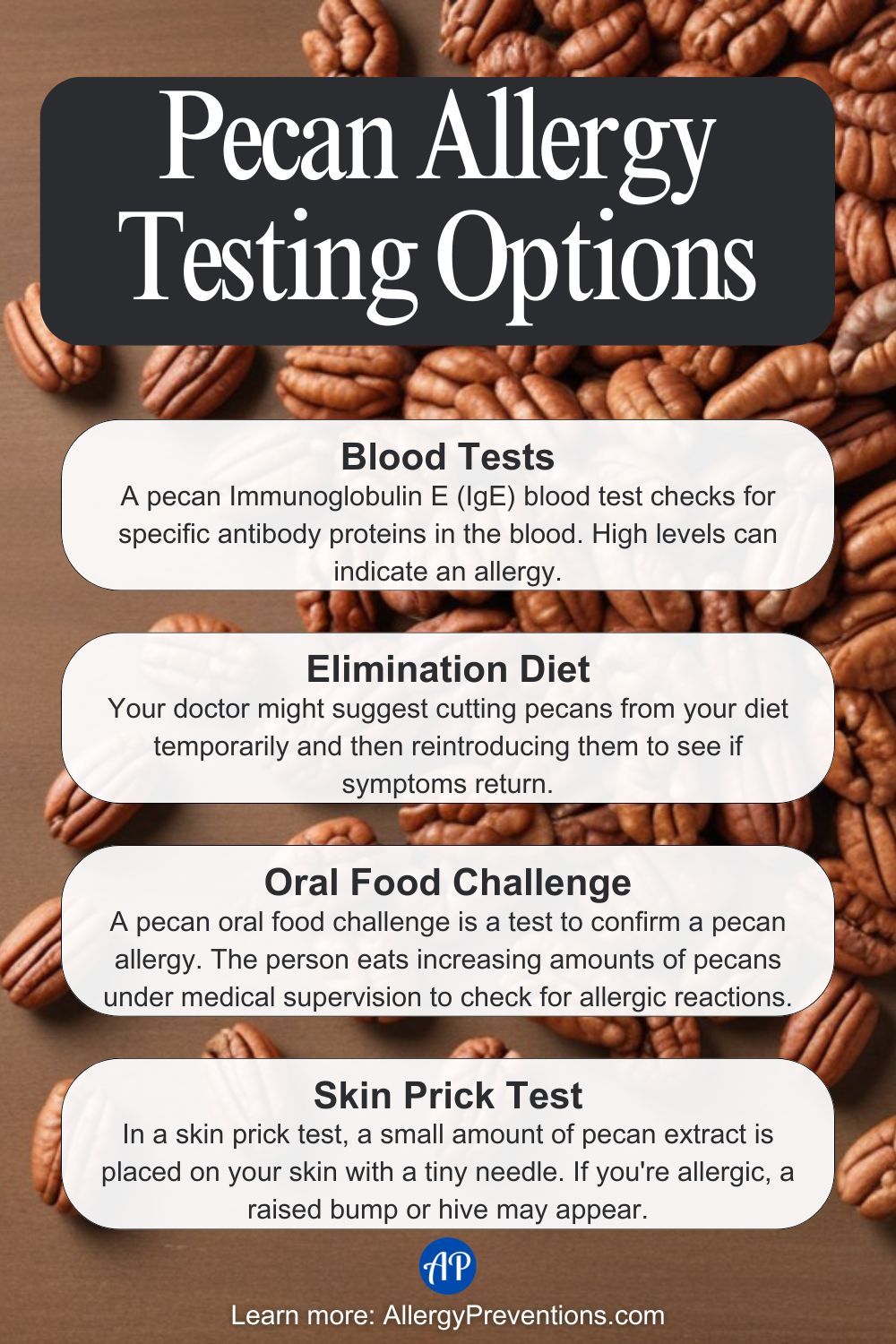 Pecan Nut Allergy Testing Options Infographic: Blood Tests: A pecan Immunoglobulin E (IgE) blood test checks for specific antibody proteins in the blood. High levels can indicate an allergy. Elimination Diet: Your doctor might suggest cutting pecans from your diet temporarily and then reintroducing them to see if symptoms return. Oral Food Challenge: A pecan oral food challenge is a test to confirm a pecan allergy. The person eats increasing amounts of pecans under medical supervision to check for allergic reactions. Skin Prick Test: In a skin prick test, a small amount of pecan extract is placed on your skin with a tiny needle. If you're allergic, a raised bump or hive may appear.