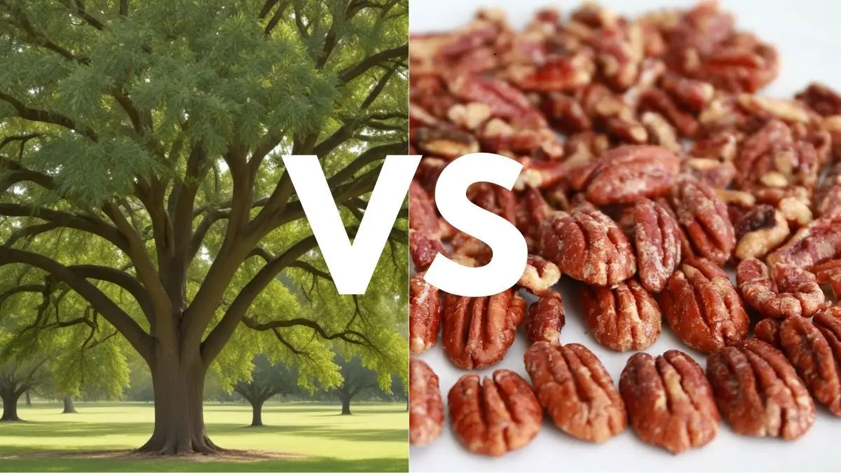 Comparison image of a pecan tree verses pecan nuts. On the left is in image of a full, pecan tree with many branches. On the right is an image of a handful of pecan nuts on a white surface.