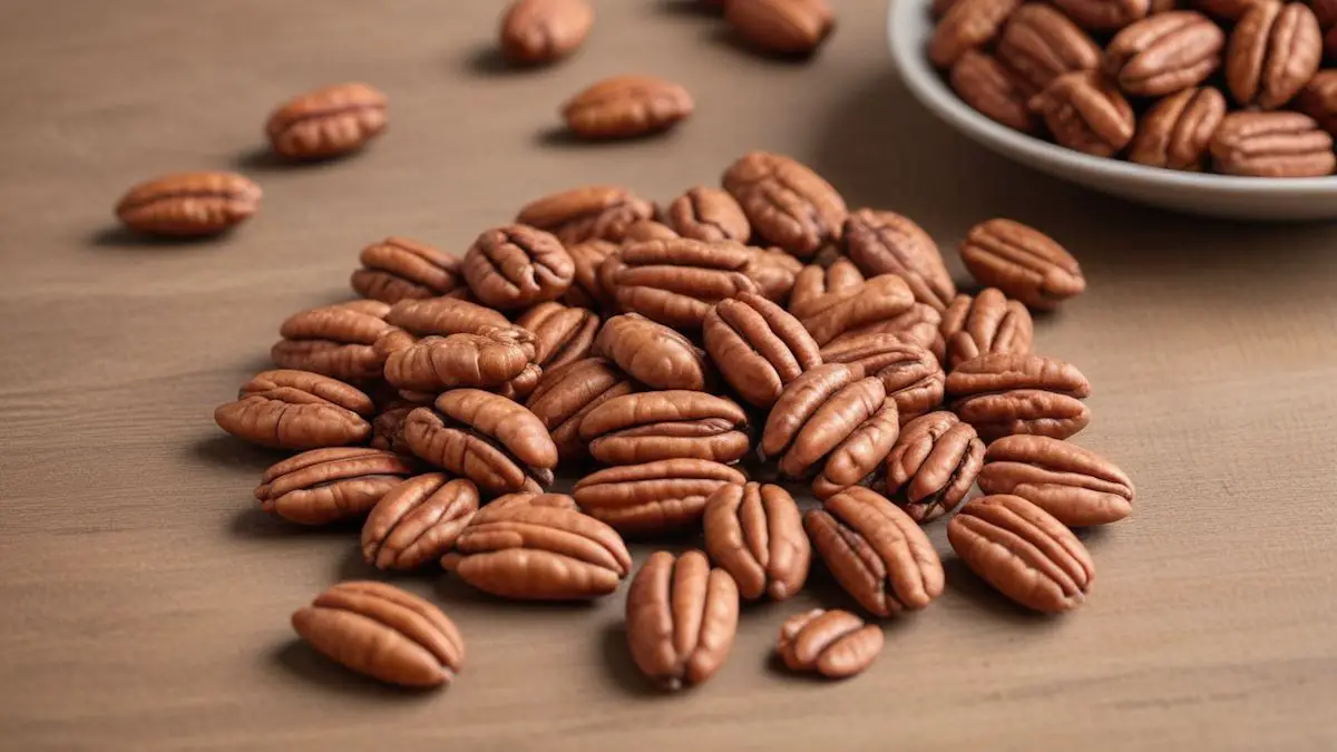 About one cup of shelled pecans on a table. In the background is a shallow dish that also contains pecans.