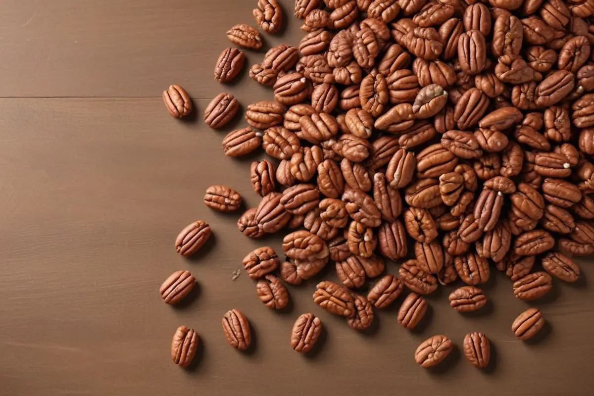 A display of about 50 pecans poured onto a brown surface.
