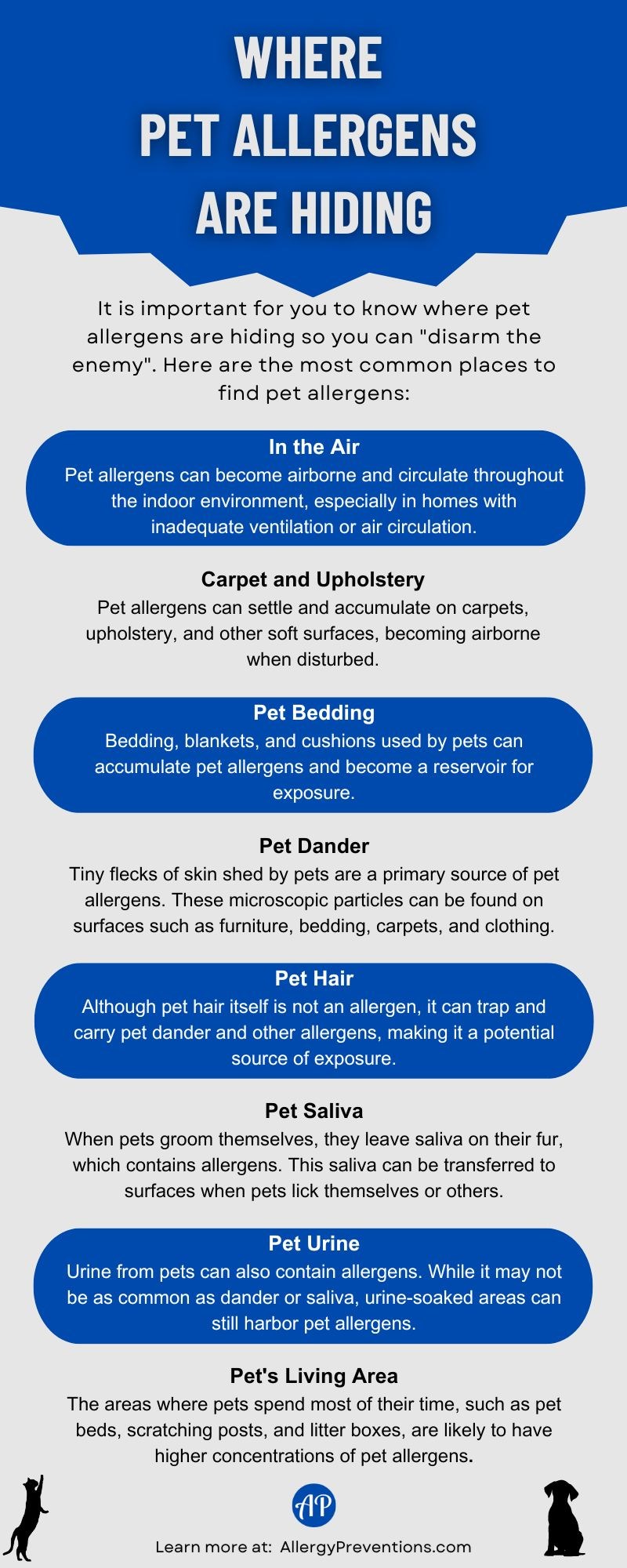 Where pet allergens are hiding infographic: It is important for you to know where pet allergens are hiding so you can "disarm the enemy". Here are the most common places to find pet allergens: In the Air Pet allergens can become airborne and circulate throughout the indoor environment, especially in homes with inadequate ventilation or air circulation. Carpet and Upholstery Pet allergens can settle and accumulate on carpets, upholstery, and other soft surfaces, becoming airborne when disturbed. Pet Bedding Bedding, blankets, and cushions used by pets can accumulate pet allergens and become a reservoir for exposure. Pet Dander Tiny flecks of skin shed by pets are a primary source of pet allergens. These microscopic particles can be found on surfaces such as furniture, bedding, carpets, and clothing. Pet Hair Although pet hair itself is not an allergen, it can trap and carry pet dander and other allergens, making it a potential source of exposure. Pet Saliva When pets groom themselves, they leave saliva on their fur, which contains allergens. This saliva can be transferred to surfaces when pets lick themselves or others. Pet Urine Urine from pets can also contain allergens. While it may not be as common as dander or saliva, urine-soaked areas can still harbor pet allergens. Pet's Living Area The areas where pets spend most of their time, such as pet beds, scratching posts, and litter boxes, are likely to have higher concentrations of pet allergens.