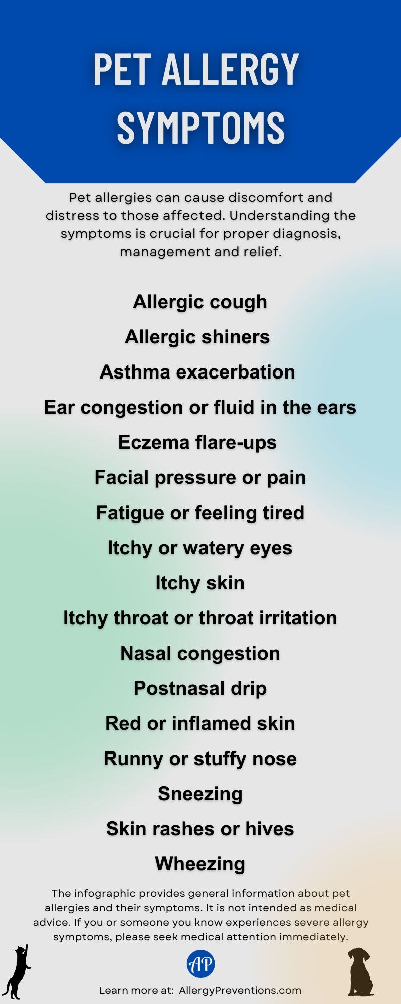 Pet allergy symptoms infographic: Pet allergies can cause discomfort and distress to those affected. Understanding the symptoms is crucial for proper diagnosis, management and relief. Symptoms: Allergic cough Allergic shiners Asthma exacerbation Ear congestion or fluid in the ears Eczema flare-ups Facial pressure or pain Fatigue or feeling tired Itchy or watery eyes Itchy skin Itchy throat or throat irritation Nasal congestion Postnasal drip Red or inflamed skin Runny or stuffy nose Sneezing Skin rashes or hives Wheezing