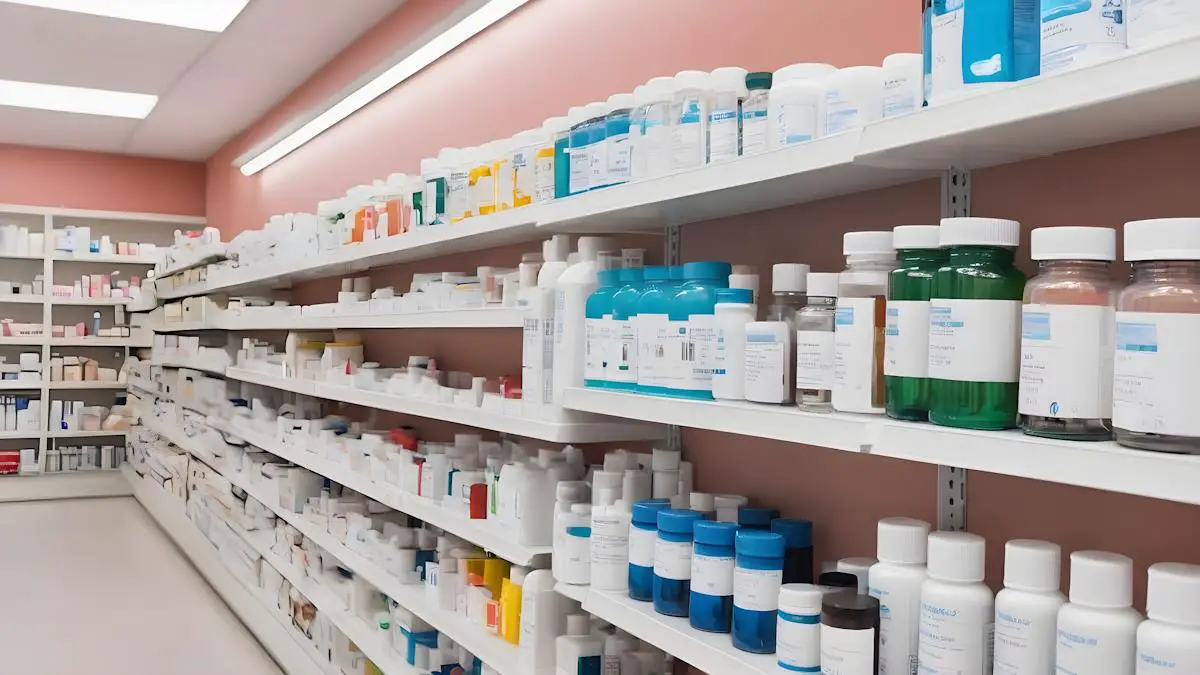 An isle of medication at a pharmacy, showcasing various types of drugs and creams.