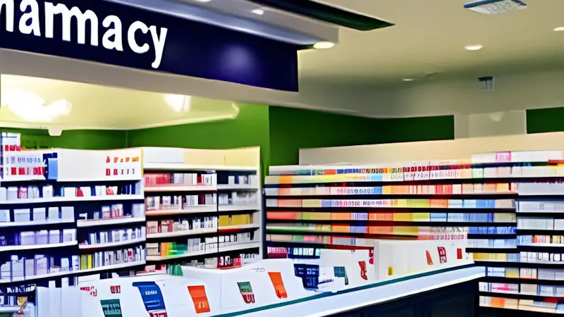 A pharmacy counter with many different medications on display.