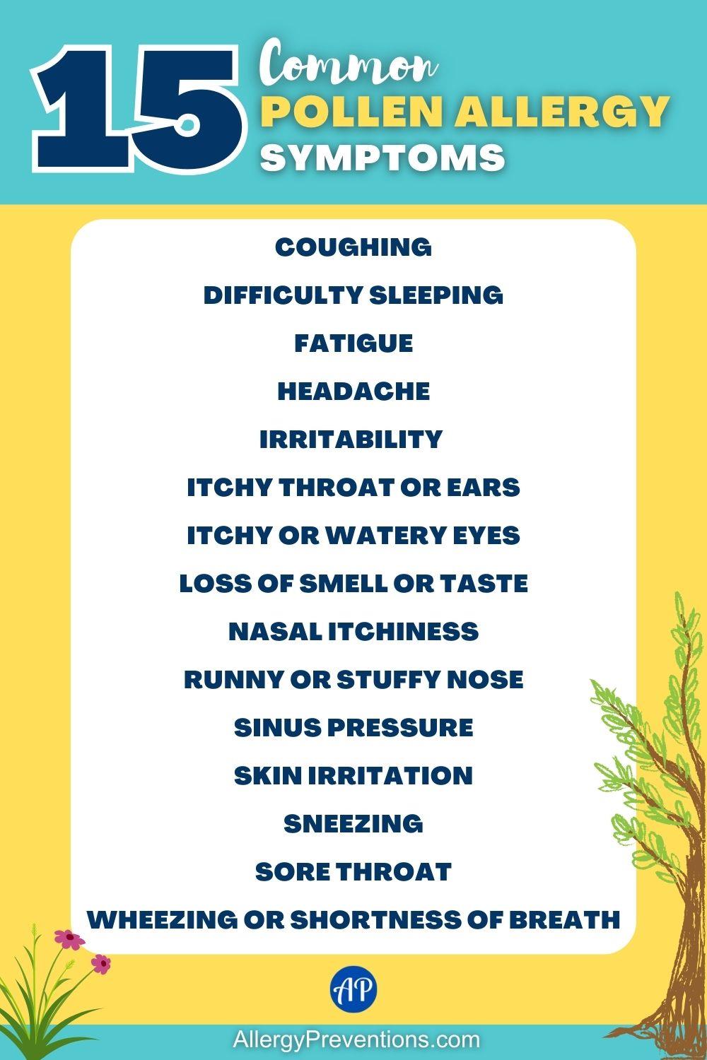 Common pollen allergy symptoms infographic. Here are the common pollen allergy symptoms: Coughing, difficulty sleeping, fatigue, Headache, irritability , Itchy Throat or Ears, Itchy or Watery Eyes, Loss of Smell or Taste, Nasal Itchiness, Runny or Stuffy Nose, Sinus Pressure, Skin Irritation, Sneezing, Sore Throat, and Wheezing or Shortness of Breath.