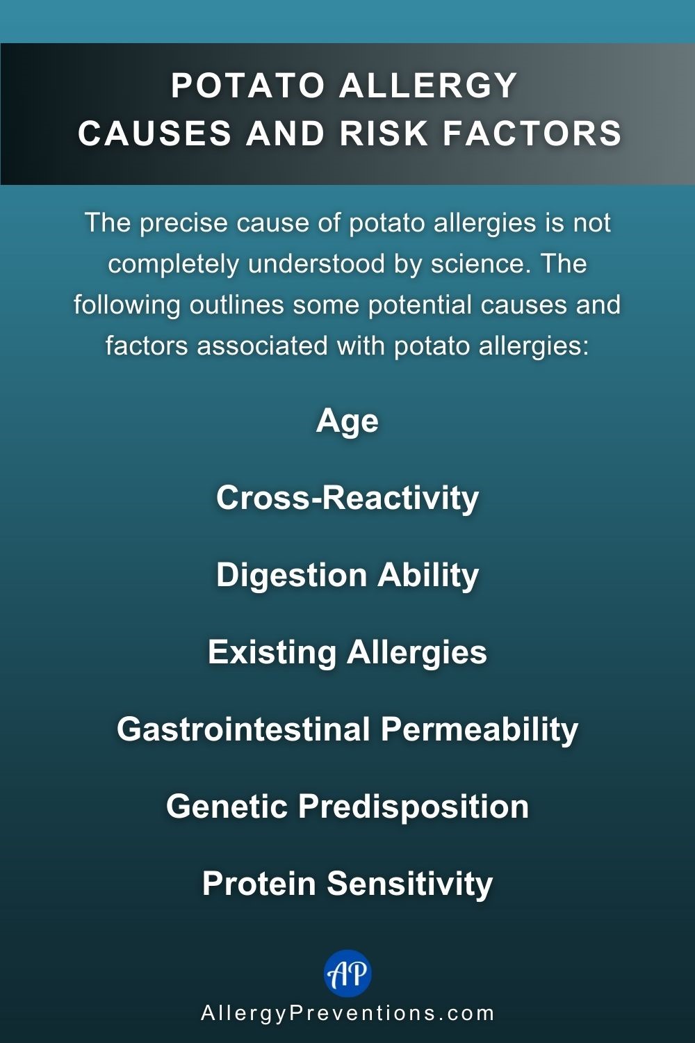 Potato allergy causes and risk factors infographic. The precise cause of potato allergies is not completely understood by science. The following outlines some potential causes and factors associated with potato allergies: Age, Cross-Reactivity, Digestion Ability, Existing Allergies, Gastrointestinal Permeability, Genetic Predisposition, Protein Sensitivity