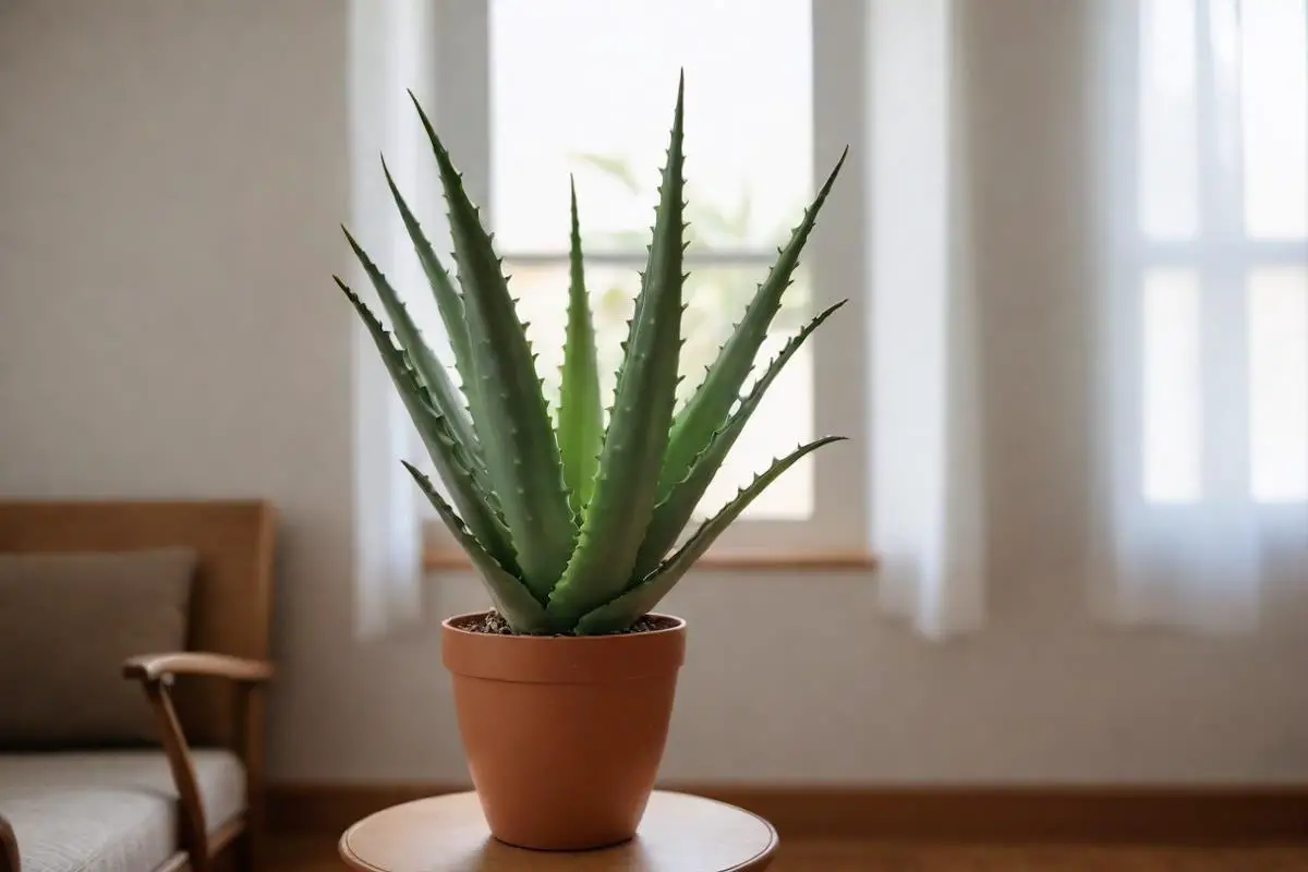 Aloe vera plan in a clay pot, near a window with sheer white curtains.