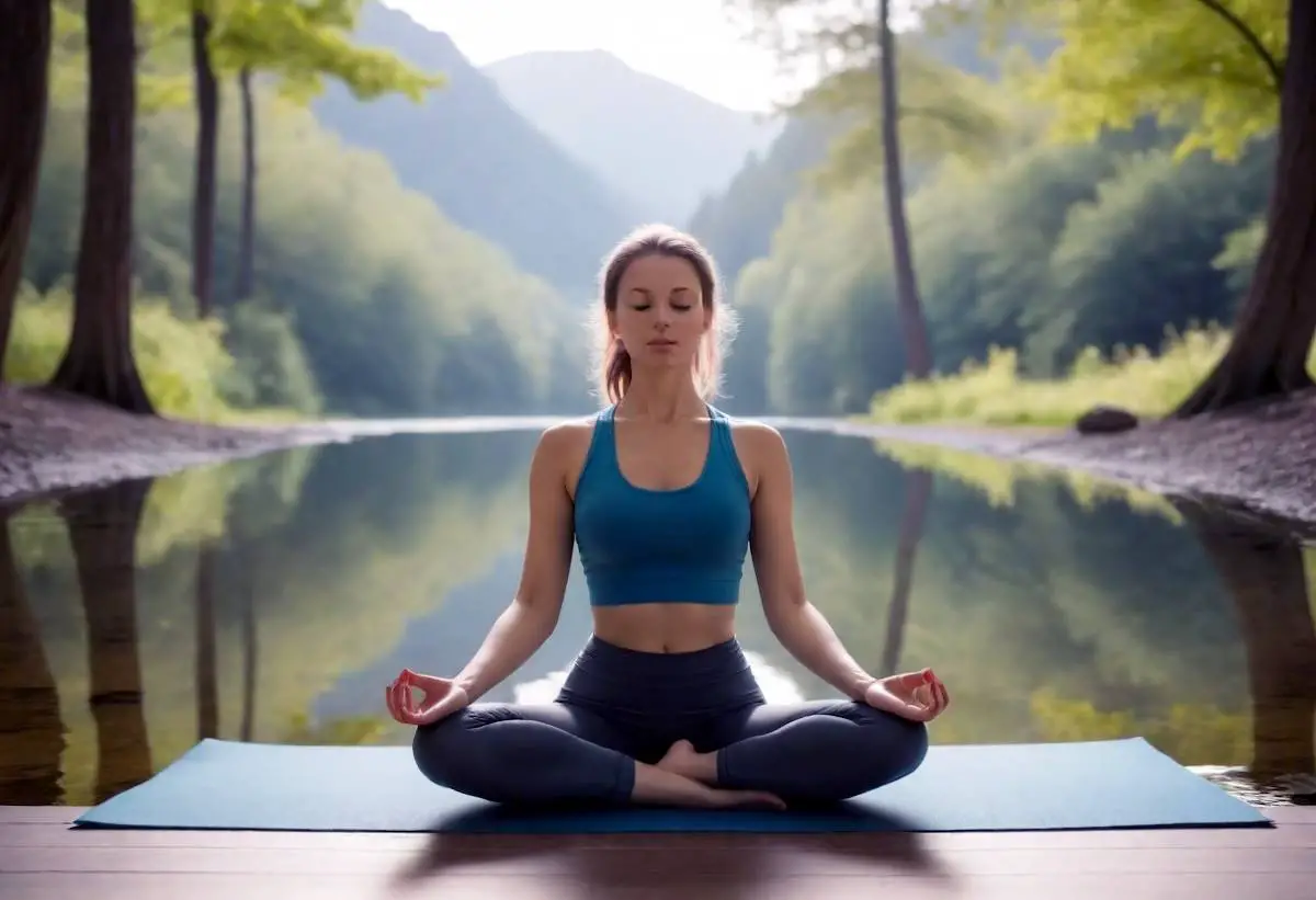 Young lady meditating in a yoga pose in nature, next to a pond.