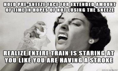 llergy season sneezing meme of a woman trying to sneeze. Captioned: Hold pre-sneeze face for extended amount of time in hopes of not losing the sneeze. Realize entire train is staring at you like you are having a stroke. 