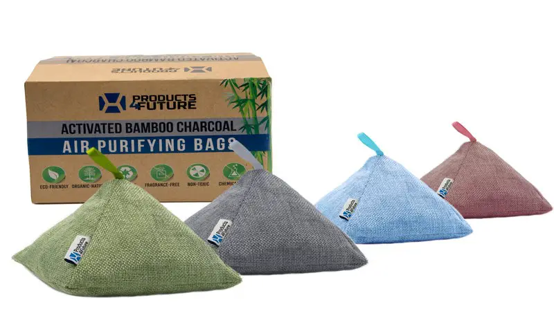 products 4 future brand activated charcoal bags. four bags that are different colors and shaped like pyramids.