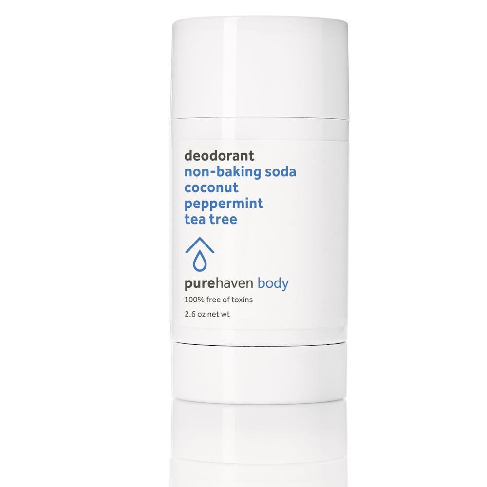 A container of Pure Haven hypoallergenic deodorant, non-baking soda with coconut, peppermint and tea tree.
