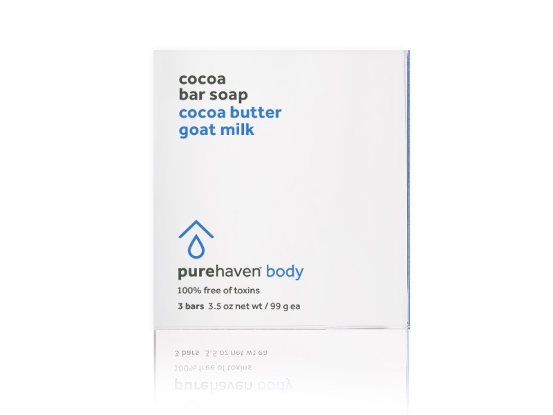 A box of 3 Purehaven body bars of soap. The name of the soap is Cocoa bar soap, and is made from cocoa butter and goat milk.