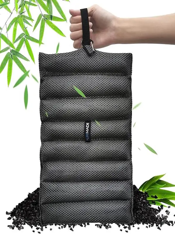 Purimade brand, best rated bamboo charcoal purifying bag for large rooms. This bag can be folded up, or lay flat with 8 separate charcoal compartments.
