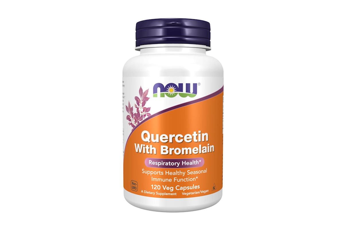 A bottle of Now brand Quercetin with Bromelain, which supports allergies, and respiratory health.