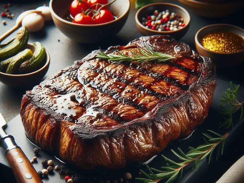 a juicy red meat steak surrounded by various seasonings.
