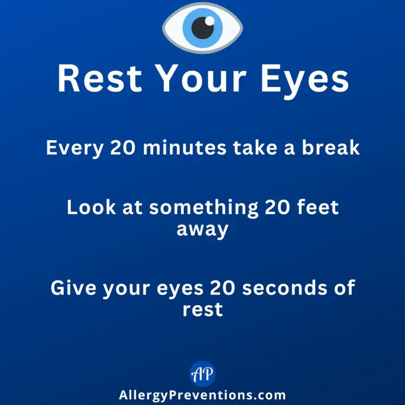 Rest your eyes infographic.  Every 20 minutes take a break. Look at something 20 feet away. Give your eyes 20 seconds of rest. 