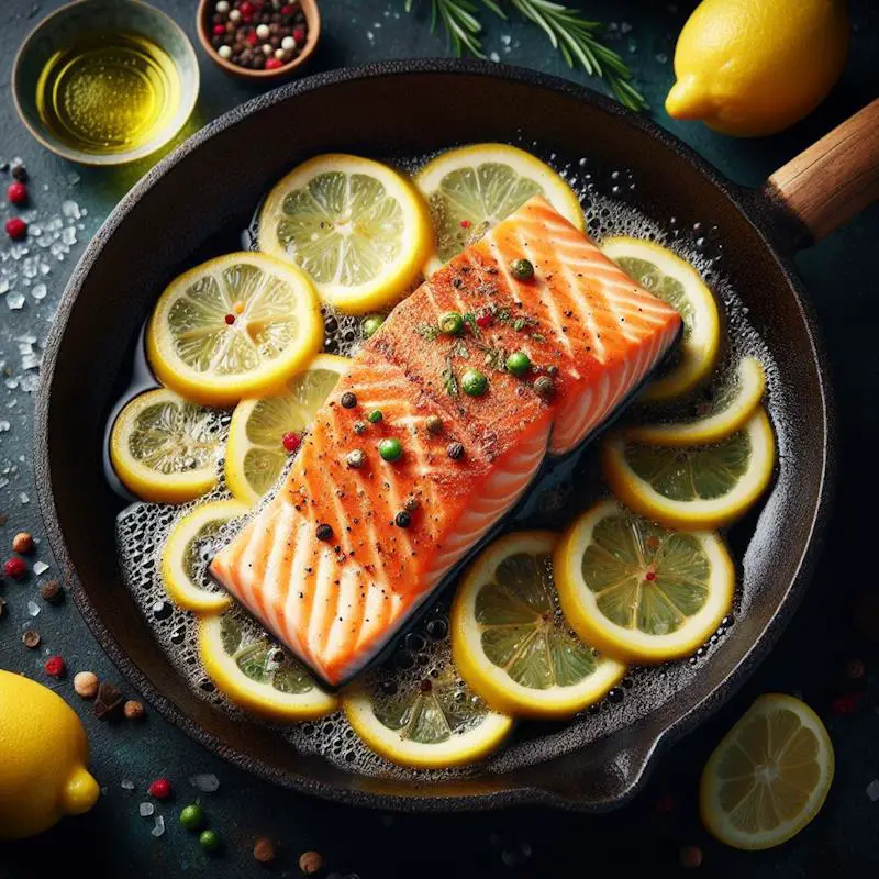 Salmon filet being cooked on a bed of lemon slices.
