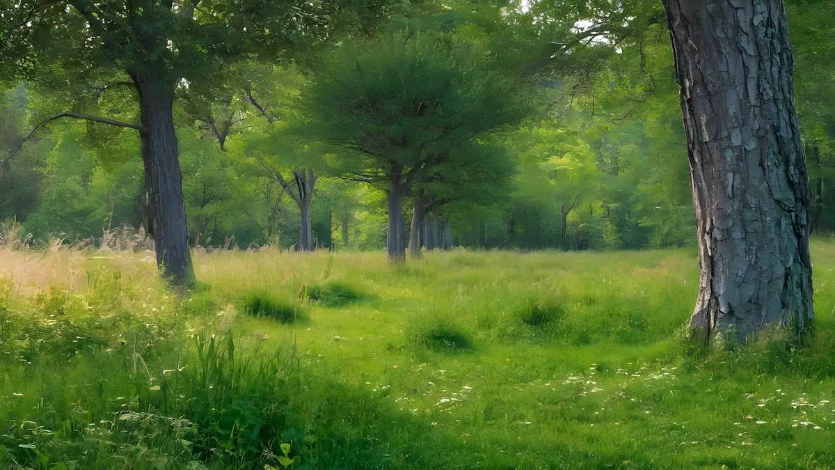 A green meadow with trees, grass, and weeds.
