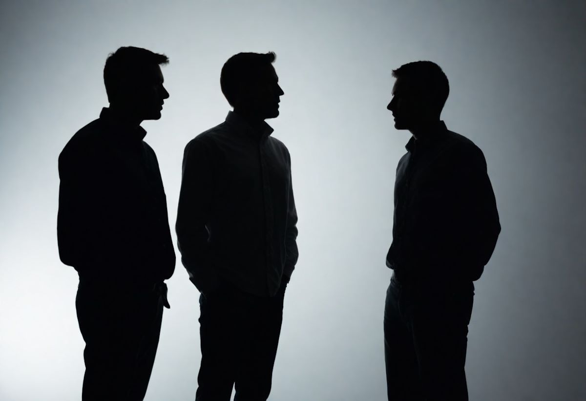 A shadow of three men standing and talking.