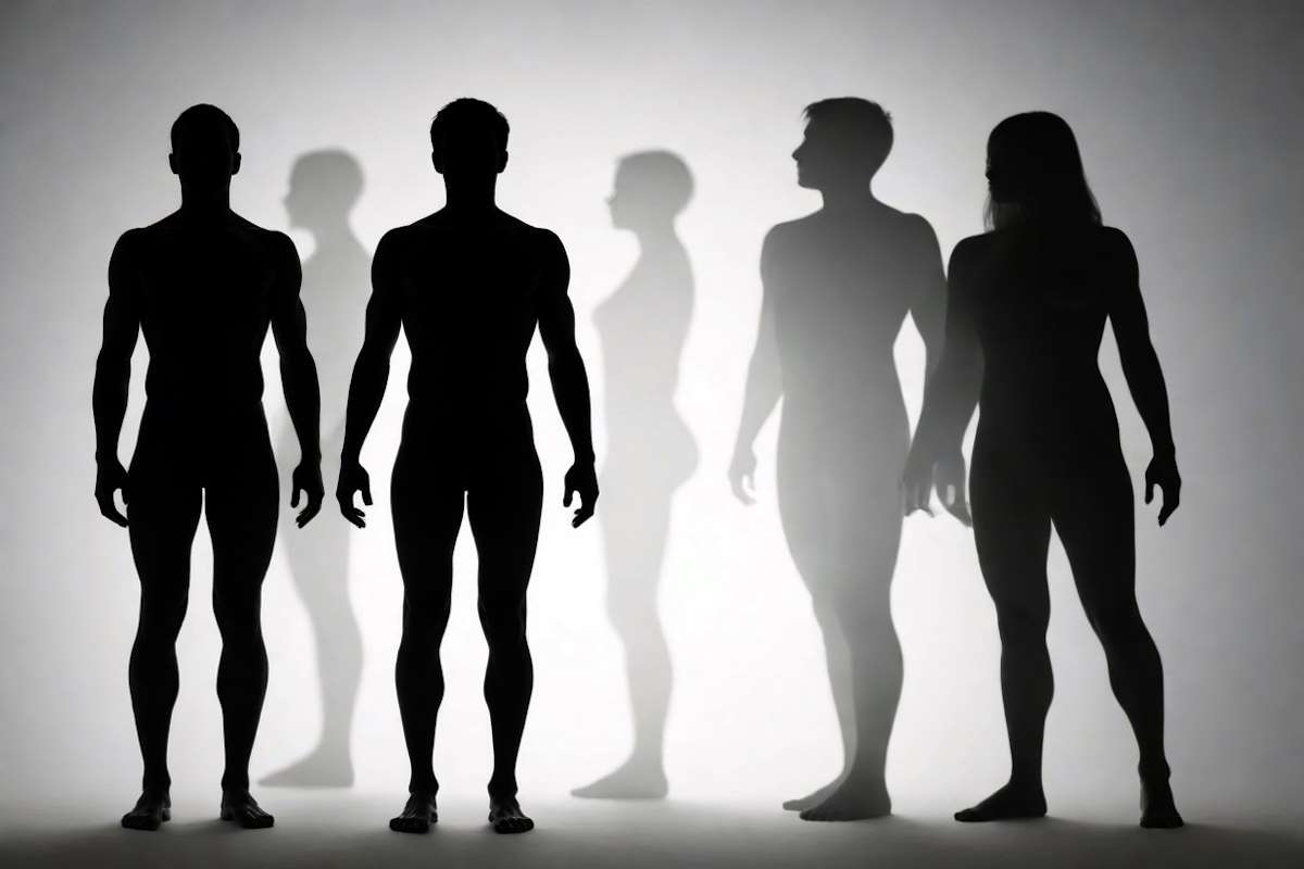 Six silhouette's of human's standing with a bright light in the background.