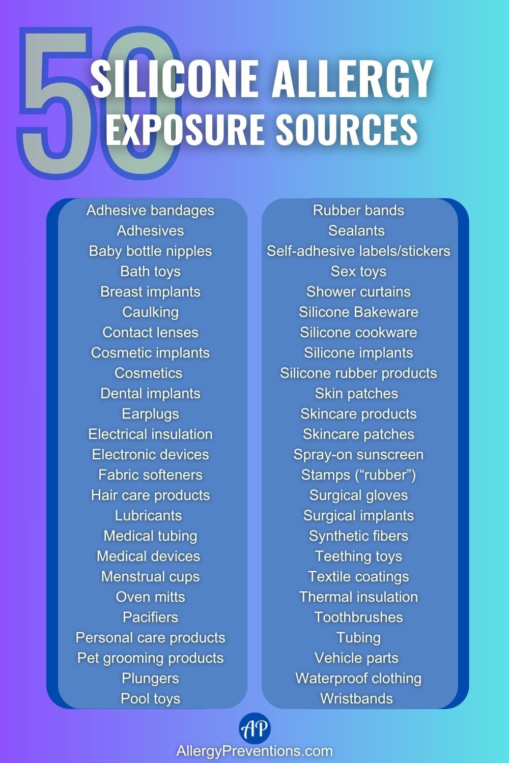 Silicone Allergy Exposure Sources Infographic. Here are fifty possible areas you may be exposed to silicone products: Adhesive bandages, Adhesives, Baby bottle nipples, Bath toys, Breast implants, Caulking, Contact lenses, Cosmetic implants, Cosmetics , Dental implants, Earplugs, Electrical insulation, Electronic devices, Fabric softeners, Hair care products, Lubricants , Medical tubing, Medical devices , Menstrual cups, Oven mitts, Pacifiers, Personal care products, Pet grooming products, Plungers, Pool toys, Rubber bands, Sealants , Self-adhesive labels/stickers, Sex toys, Shower curtains, Silicone Bakeware, Silicone cookware, Silicone implants, Silicone rubber products, Skin patches , Skincare products, Skincare patches, Spray-on sunscreen, Stamps (“rubber”), Surgical gloves, Surgical implants, Synthetic fibers, Teething toys, Textile coatings, Thermal insulation, Toothbrushes, Tubing, Vehicle parts, Waterproof clothing, and Wristbands.