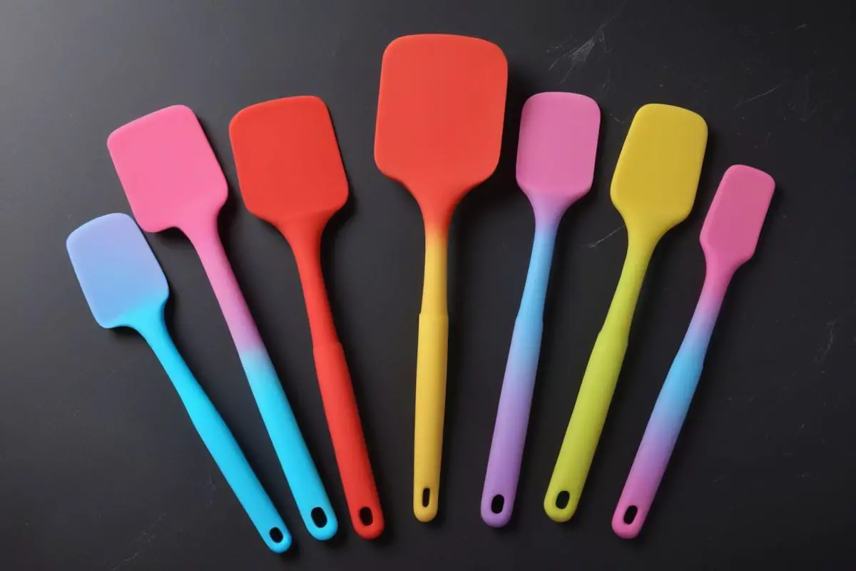 A complete set of rainbow spatula's that are aligned on a black table.