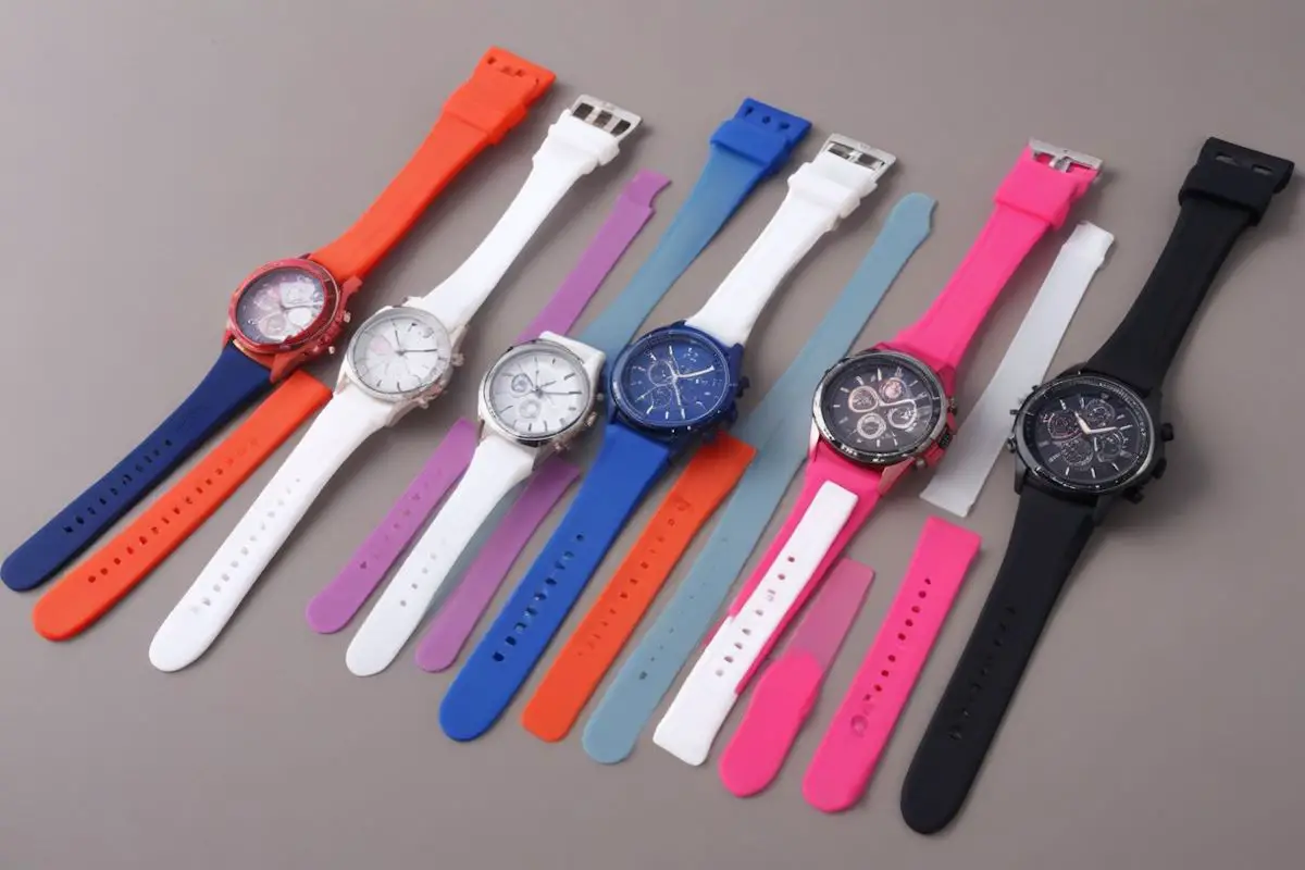 Six watches with silicone bands of different colors, there are extra interchangeable silicone bands next to each watch.