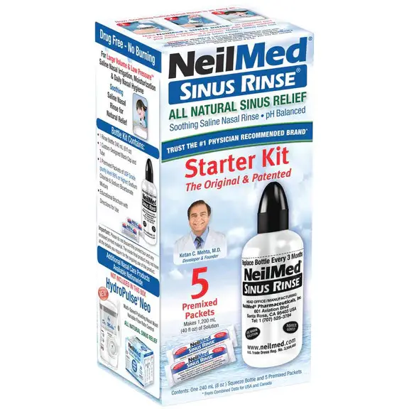 NeilMed Sinus Rinse Starter Kit. Showing an image of the box that contains one squeeze bottle, and 5 premixed packets. Box states" All natural sinus relief, soothing saline nasal rinse, pH balanced. 