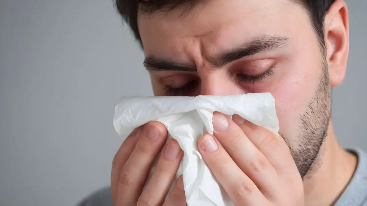 Man sneezing into a tissue. Sneezing was caused by a cold or allergies.
