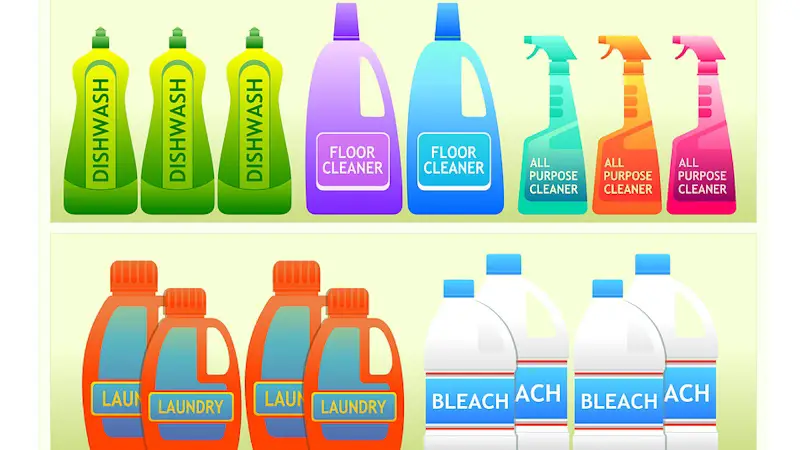 Animated image of various cleaners and detergents you would find on the shelf of a supermarket.