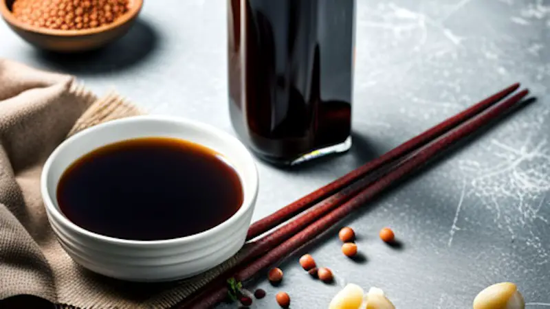 A container of soy sauce with chop sticks on a table, and a bottle of soy sauce in the background.