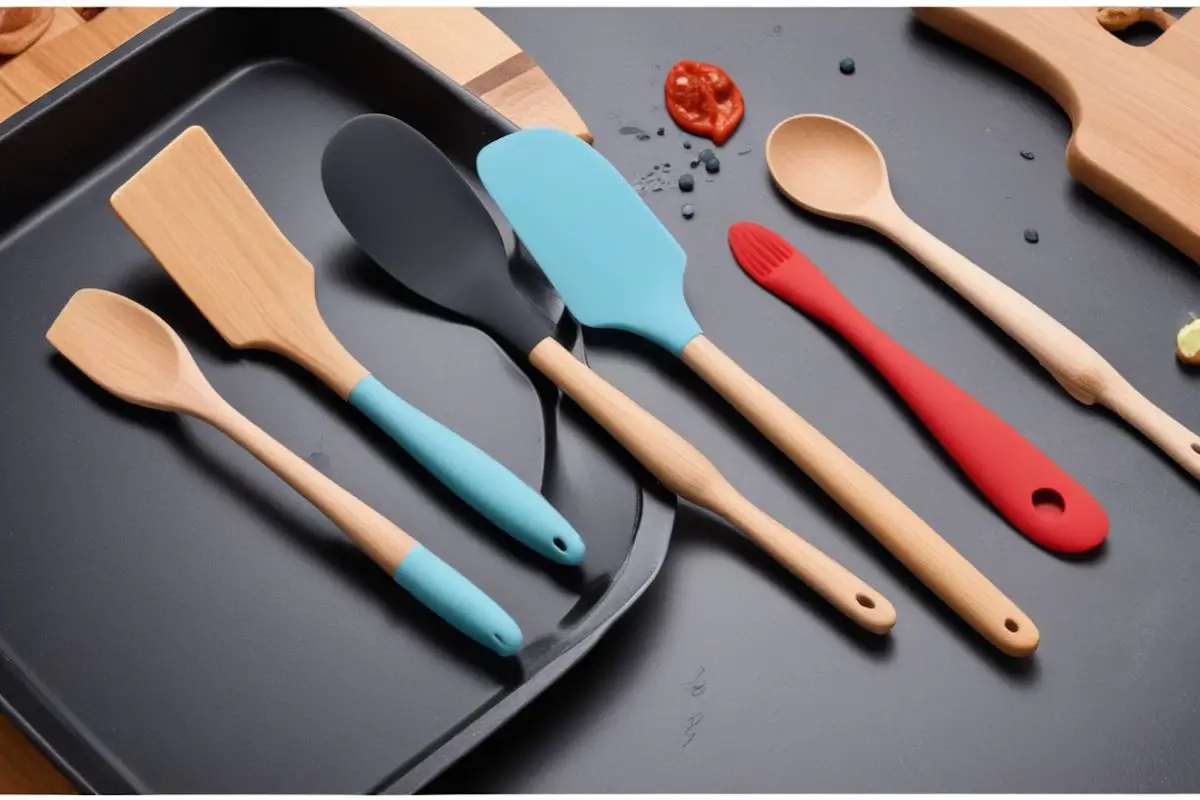 A complete set of kitchen spatulas made of wood and silicone.