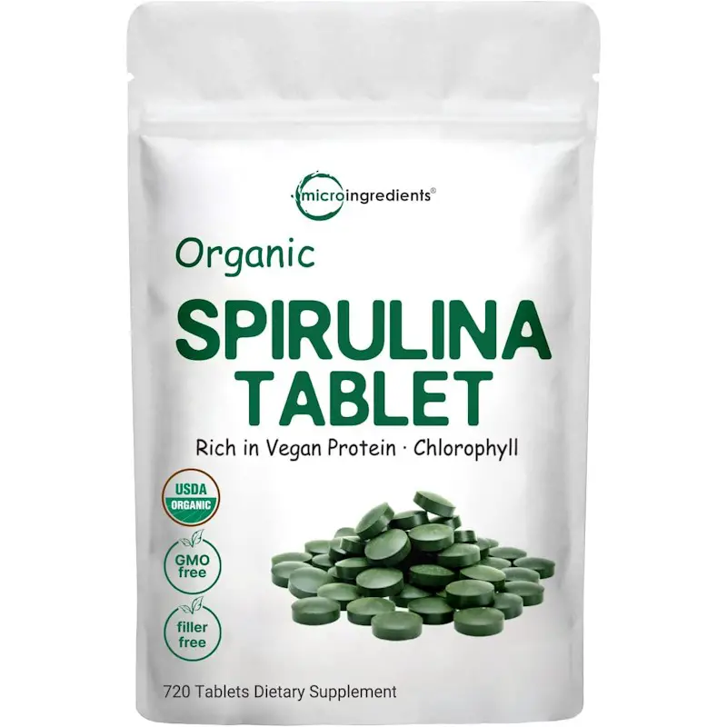 A Bag of organic spirulina tablets that are USDA organic.